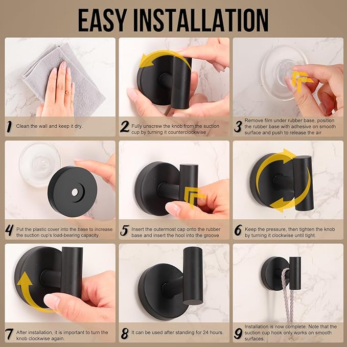 Suction Cup Hook for Shower, 16 Pack Wall Mount Towel Holder, Removable Towel Hook - Stainless Steel No Drill Hook for Bathroom Window Glass Door Wall Home Kitchen Matte Black