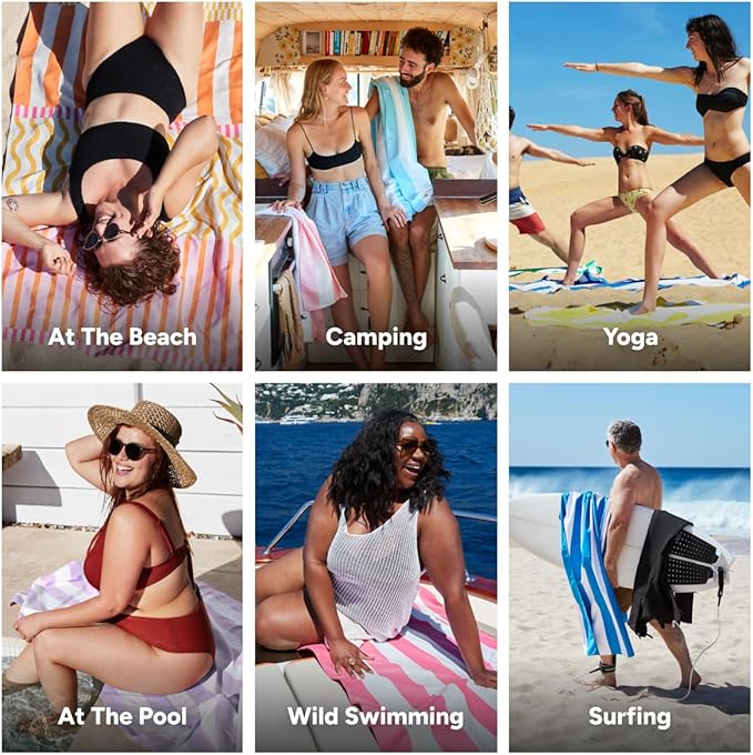 Dock & Bay Beach Towel - Quick Dry, Sand Free - Compact, Lightweight - 100% Recycled - Includes Bag - Lemonade Waves - Large (160x90cm, 63x35)