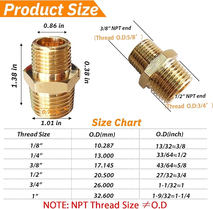 2pcs 1/2" NPT x 3/8" NPT Brass Nipple, 1/2 to 3/8 Adapter Fitting Reducing - Image 2