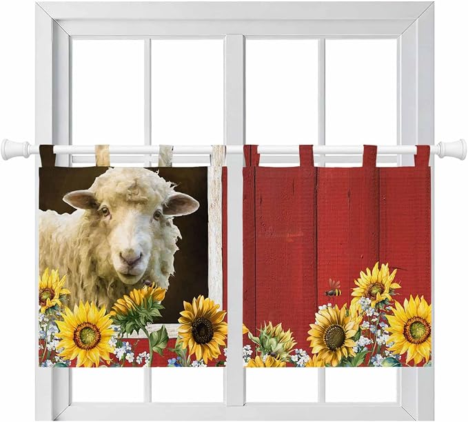 Sheep Flowers Kitchen Curtains 24 Inch Length, Small Window Curtains Tab Top by Unknown