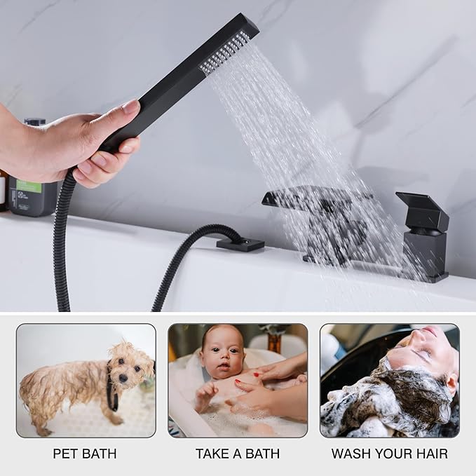 TapLong Modern Roman Tub Faucet with Hand Shower, Waterfall Deck Mount Bathtub Filler Faucet with Sprayer, Widespread 3-Holes Tub Shower Faucet Set in Matte Black, 02763B