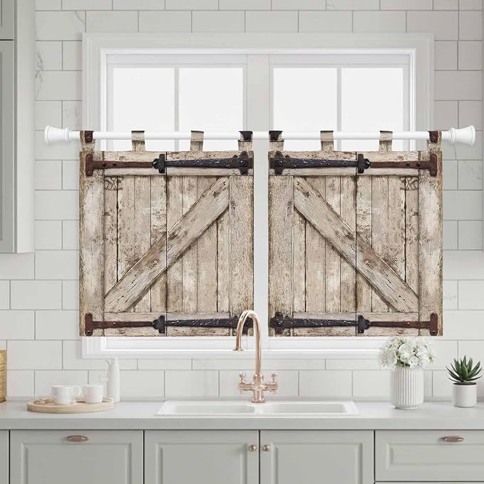 Farmhouse Wood Grain Kitchen Curtains 24 Inch Length, Small Window Curtains Tab - Image 3