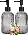 2 Pack 11oz Glass Soap Dispenser with Plastic Pump, Vertical Stripe Design Refillable Hand Soap Dispenser for Hand Wash, Bathroom and Kitchen