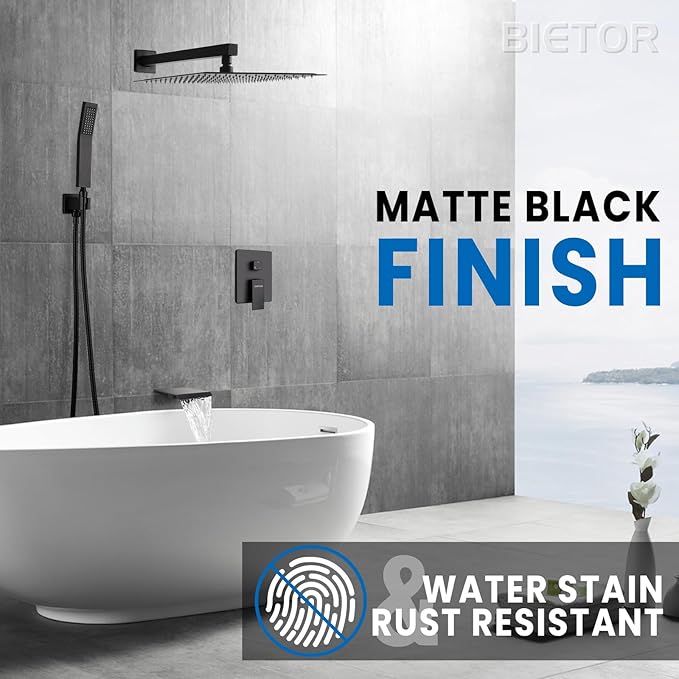 Wall Mounted Shower Faucet Set, Shower System with Tub Spout, 12 Inch Rainfall Shower Head with Handheld Spray, Waterfall Tub Spout Bathtub Faucet, Black
