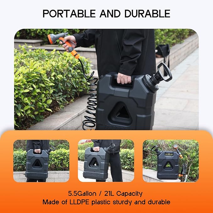 5.5 Gallon Portable Water Tank with Pump and 8 Modes Sprayer, Emergency Water Container for Camping Shower Off Road Shower Outdoor Hiking Picnic, Black