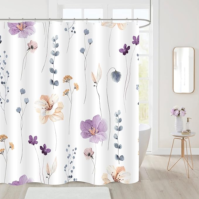 Gibelle Long Shower Curtain 72 x 78, Watercolor Floral Fabric Shower Curtain, Purple Beige Flower Decorative Bathroom Shower Curtain Set