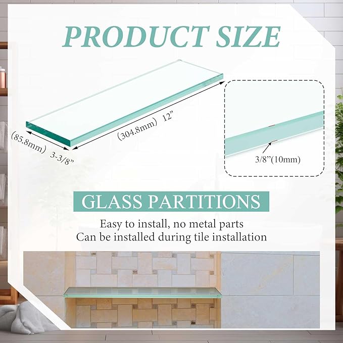 1 Pcs 3-3/8" x 12" 3/8" Glass Shelf for Shower Niche, Tempered Glass Shelf Floating Shelves for Bathroom Essentials DIY Storage Decoration, Easy Install Support Plate