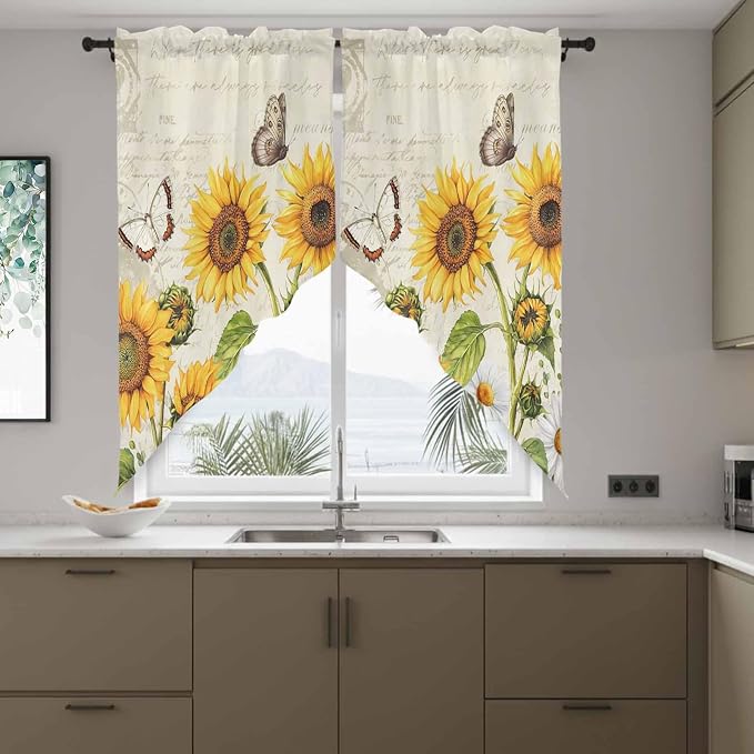 Farm Sunflowers Swag Valances for Windows, Retro Flowers Butterfly Botanical - Image 8