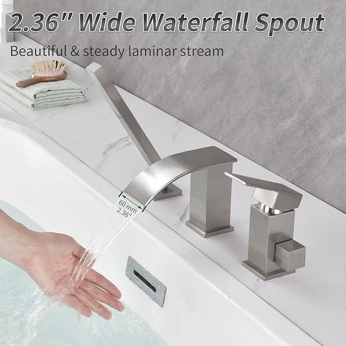 TapLong Waterfall Roman Tub Faucet with Hand Shower, Deck Mount 3 Hole Bathtub Faucet Set High Flow Bath Tub Faucet Set Deck Mount Solid Brass, Brushed Nickel,03766BN