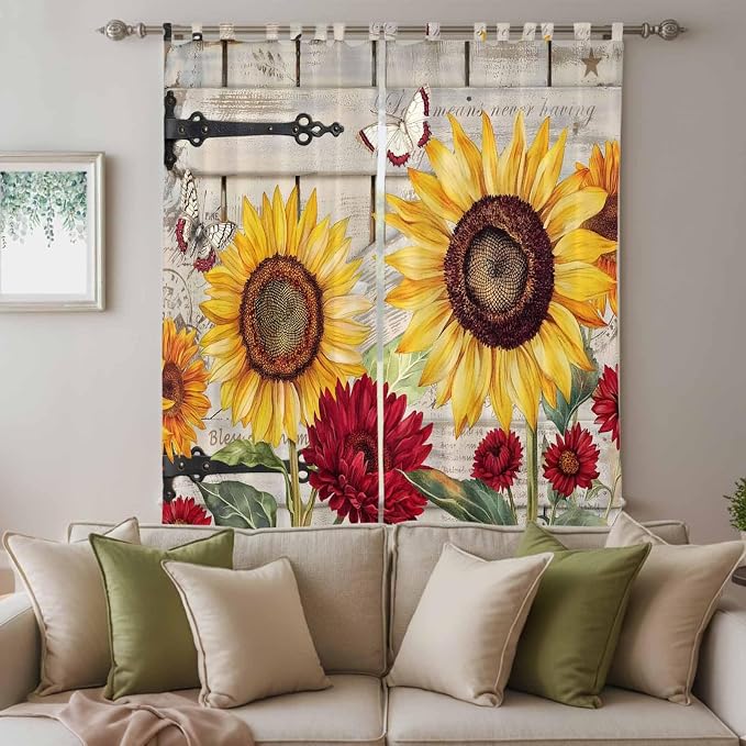 Red Yellow Sunflowers Living Room Curtains 84 Inch Length, Window Curtains Tab - Image 3