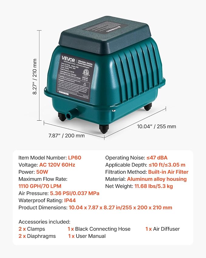 VEVOR Linear Air Pump 1110 GPH | Pond Aerator & Septic Tank Pump - Image 7