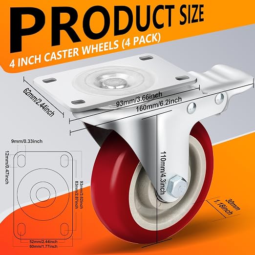 Caster Wheels 4 Inch, Heavy Duty Caster Set of 4, Swivel Castor Wheel - Image 5