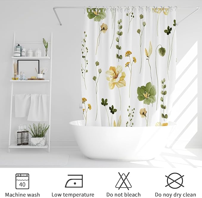 Gibelle Watercolor Floral Shower Curtain, Olive Green Beige Flower Shower Curtain for Bathroom, Modern Minimalist Waterproof Fabric Shower Curtain Set 72x72 Inch