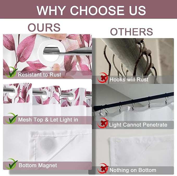 No Hook Shower Curtain and Liner Set, Dark Red Eucalyptus Floral Shower Curtains for Bathroom, Bath Curtain Sets with Snap in Liner, Waterproof with See Through Top Window, 71x74 Inches