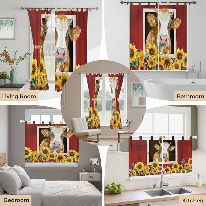 Cows Sunflowers Kitchen Curtains 24 Inch Length, Small Window Curtains Tab Top - Image 7
