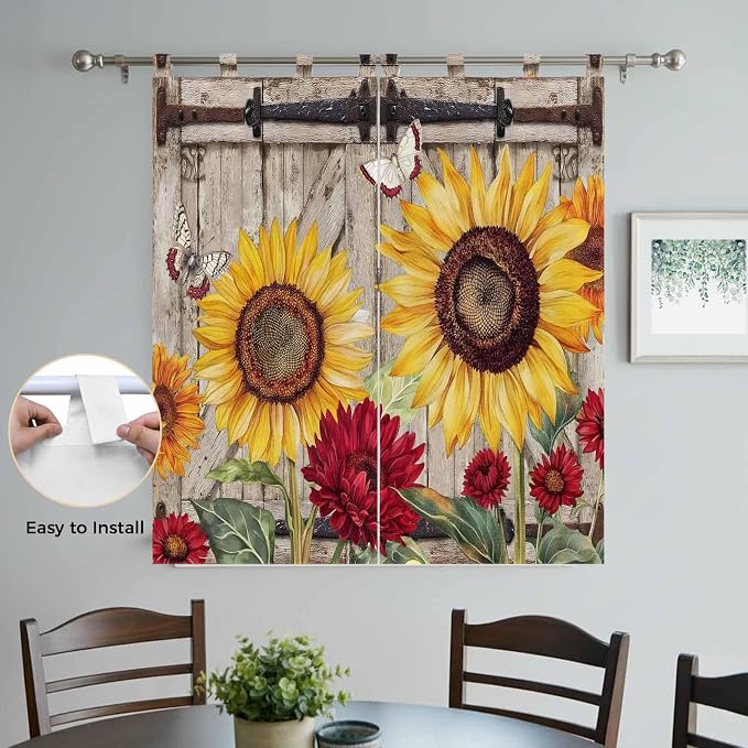Sunflowers Bathroom Curtains 63 Inch Length, Window Curtains Tab Top, Retro - Image 4