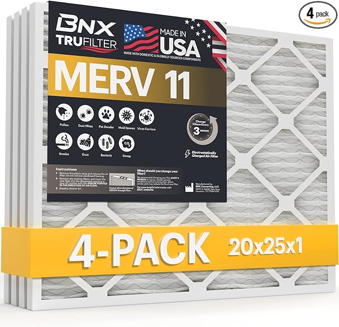 BNX 20x25x1 MERV 11 Air Filter 4 Pack by BNX
