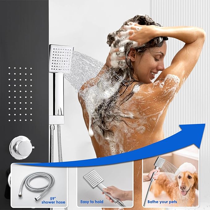 ROVOGO Shower Panel Tower System with Rainfall Shower, Body Jets, Handheld and Tub Spout, High Pressure Shower Column Stainless Steel, 46.5 in. Black