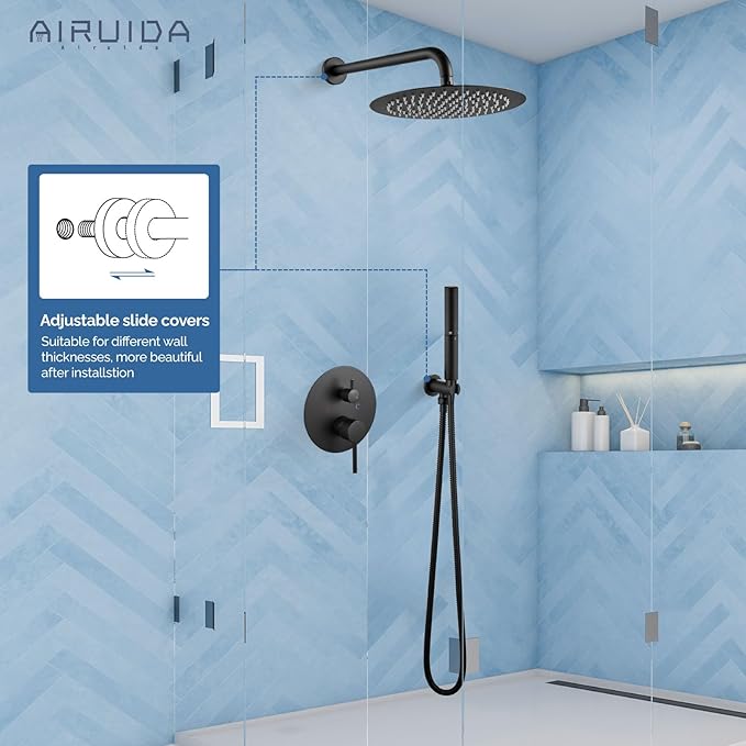 Airuida Shower Fixtures 2 Functions Shower Faucet Set Wall Mounted for Bathroom High Pressure Brass Handheld Shower with Rough-in Valve Round Rainfall 12 Inch Shower Head Matte Black