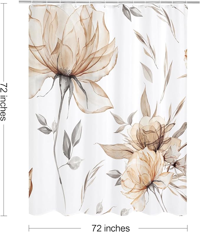 Light Brown and Grey Boho Watercolor Floral Shower Curtain, Ink Painting Style Blossom & Leaf Shower Curtains for Chic Elegant Bathroom, Artistic Tan Fabric Flower Shower Curtain, 72x72