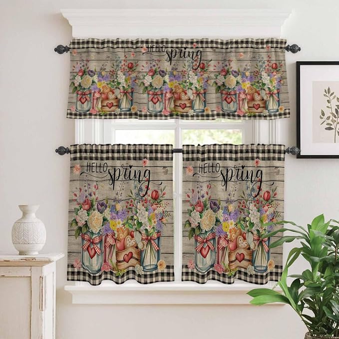 Kitchen Curtains Tiers and Valance Set of 3, Spring Flowers Light Filtering - Image 2