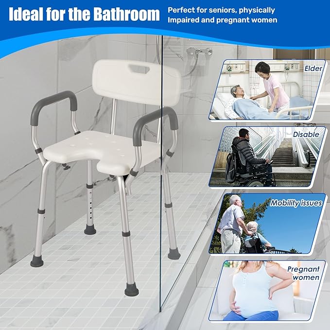 Shower Chair with Arms and Back Heavy Duty 330lbs, Shower Seat for Inside Shower with Shower Head Holder, Shower Bathroom Chair with Cutout Seat & Cold-Proof Pads, Tools-Free Assembly