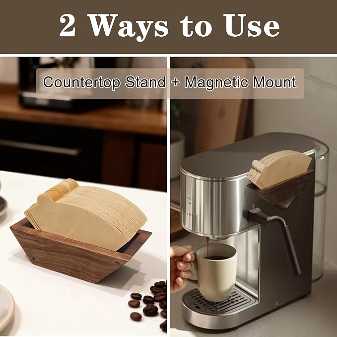 Coffee Filter Holder Magnetic, Solid Walnut Wood Coffee Filter Storage Organizer - Image 2