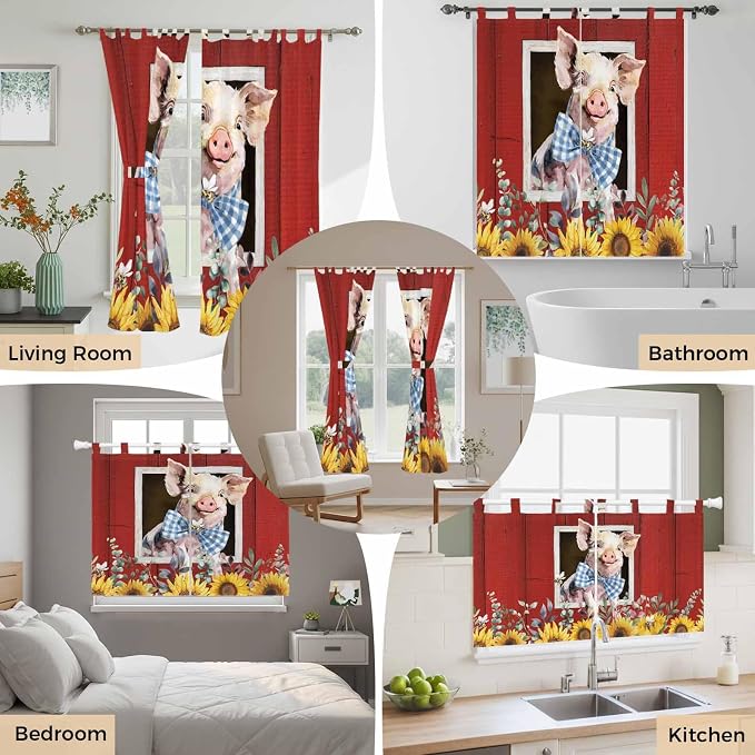 Pig Sunflowers Bathroom Curtains 63 Inch Length, Window Curtains Tab Top - Image 7