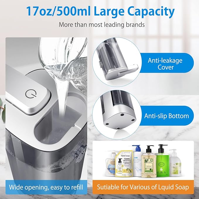Automatic Liquid Soap Dispenser, Rechargeable, Touchless, 17oz/500ml with 4 Adjustable Soap Levels, Wall Mount & Waterproof, Liquid Hand/Dish Soap Dispenser for Bathroom Kitchen