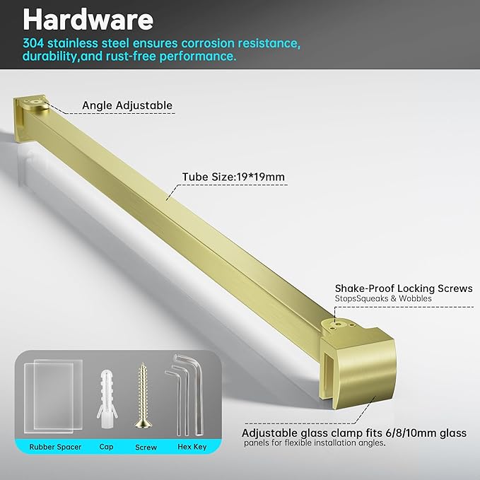 Frameless Shower Door Support Bar, Stainless Steel Wall-to-Glass Support Arm to Fixed Shower Glass Panel, for 1/4"-3/8" (6-10 mm) Door, 180° Pivot & Stow-Flat Mode (Brushed Gold, 35.4-inch(900mm))
