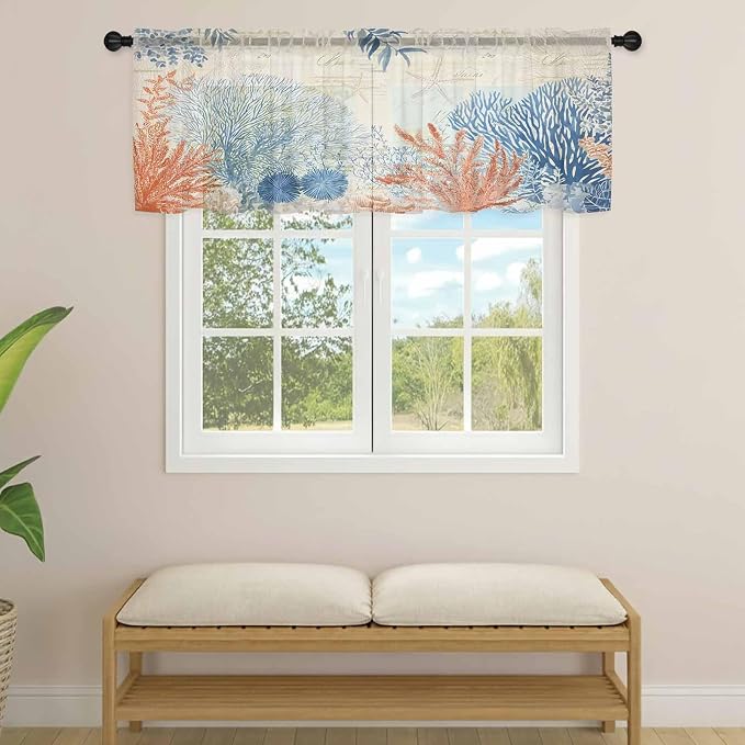 Ocean Corals Sheer Valance Curtains, Summer Beach Coral Sea Stars Retro Texture - Image 4