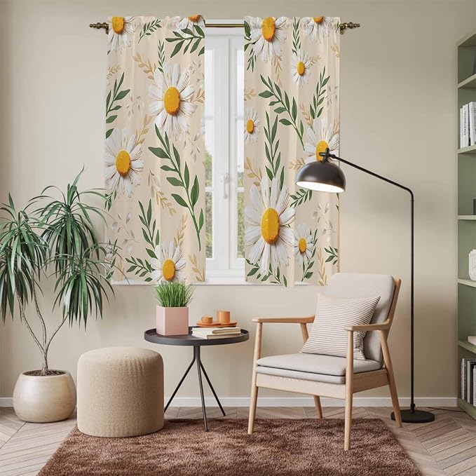 Spring Daisy Kitchen Curtains, Country Watercolor Flower Leaf Plant Light - Image 7