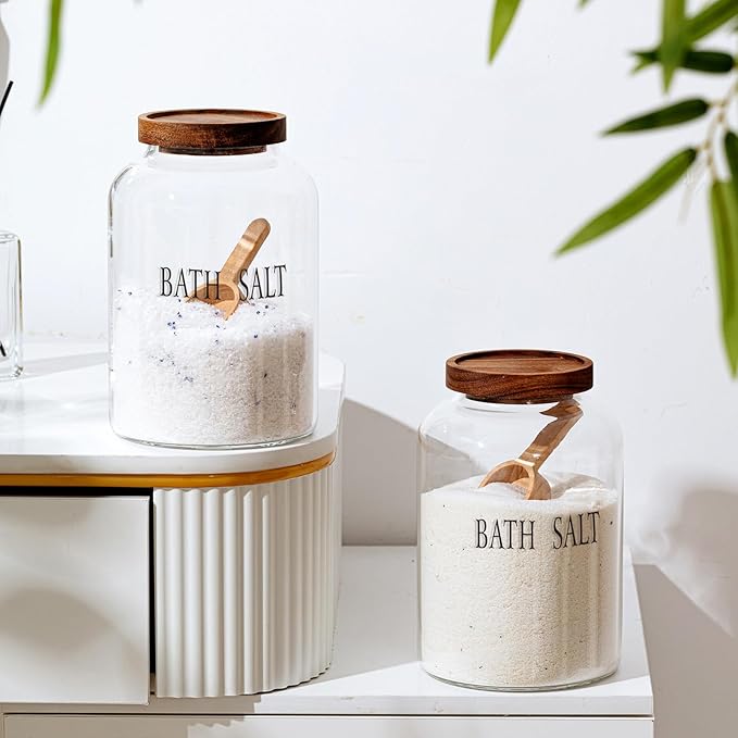 2 Sets 74 oz Large Bath Salt Container with Wooden Scoop for Glass Bath Salt Jar with Airtight Lid Storage Canister for Food, Flour, Sugar, Cookie, Kitchen