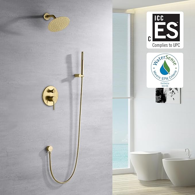 sumerain Brushed Gold Shower Faucet System with high pressure 8 Inches rain shower head and brass hand shower, Rough-In Valve Body and Trim Included