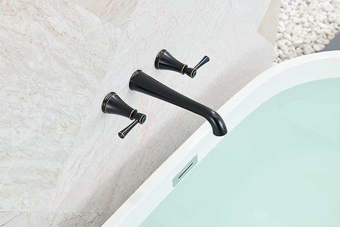 SITGES High Flow Oil Rubbed Bronze Wall Mount Bathtub Faucet with Two Level Handles,Extra-Long 10.5" Spout Reach Solid Brass Wall Tub Filler with Rough-in Valve Included