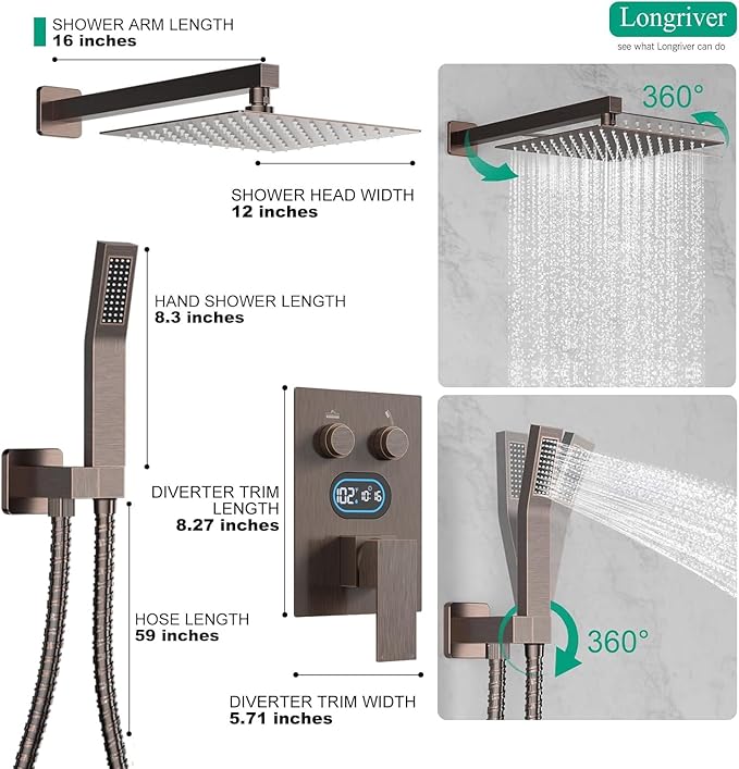 Push Button Diverter Shower Faucet Set Hydro Power Temperature Display, Shower System 12 Inches Shower Head with Handheld Spray, Wall Mounted Shower Fixtures with Valve and Trim Kit, Oil Rubbed Bronze