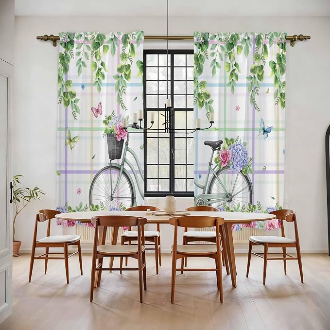 Spring Kitchen Curtains, Bicycles Botanical Leaves Rose Colorful Stripes Light - Image 2