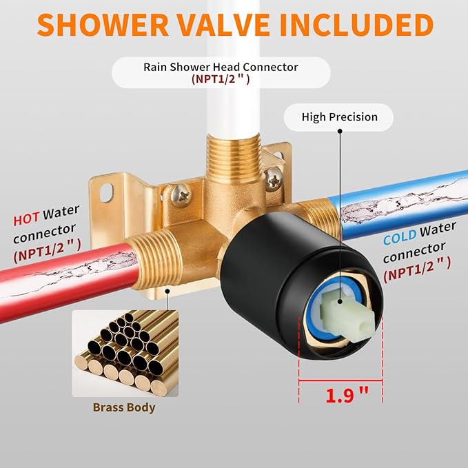 Black Shower Faucet Single Function Trim Kit with Rough-in Valve Set Bath Rainfall Shower System 8inch Square Stainless Steel Metal Shower Head