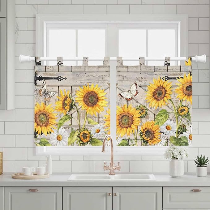 Farm Flowers Kitchen Curtains 24 Inch Length, Small Window Curtains Tab Top - Image 3