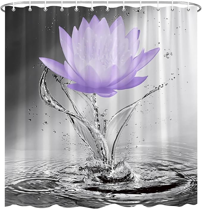 Lotus Shower Curtain Black White Grey Violet Flower Elegant Blooming Floral with Dew Spring Flower Reflection on Water Modern Romantic Polyester Fabric Bathroom Decor 70×96 Inch with Hook