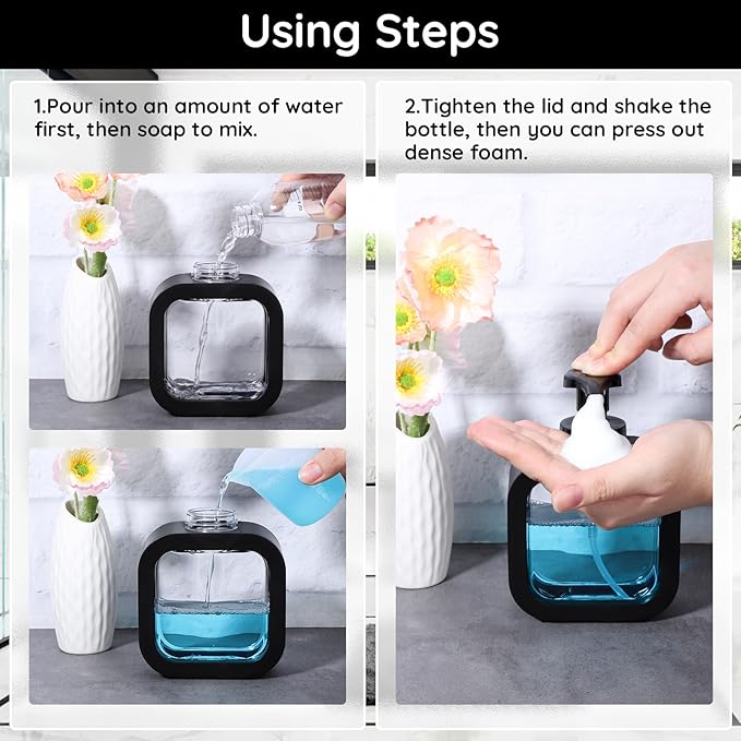 Segbeauty 10.1oz Black Foaming Soap Dispenser for Kitchen, 4pcs 300ml Plastic Square Dish Wash Foam Pump Bottles, Refillable Shampoo Shower Foam Soap Dispenser, Foam Hand Wash Dispenser with Labels