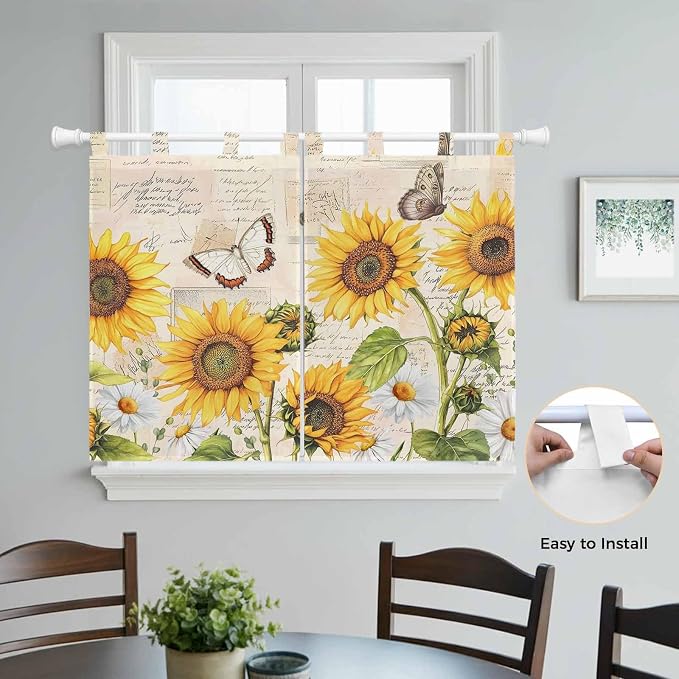 Yellow Sunflowers Kitchen Curtains 45 Inch Length, Short Cafe Window Curtains - Image 4