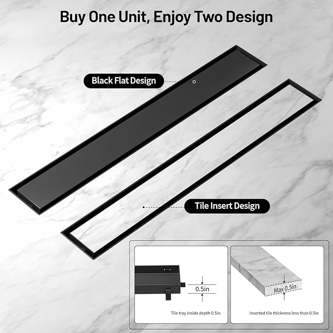 Linear Shower Drain, 304 Stainless Steel with Adjustable Leveling Feet, Hair Strainer,Reversely Install Place to Create an Invisible Floor Drain - Black -18-Inch