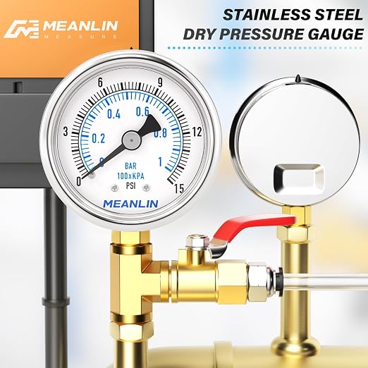 MEANLIN MEASURE 0~15Psi Dry Low Pressure Gauge Stainless Steel 1/" NPT 2" FACE - Image 7