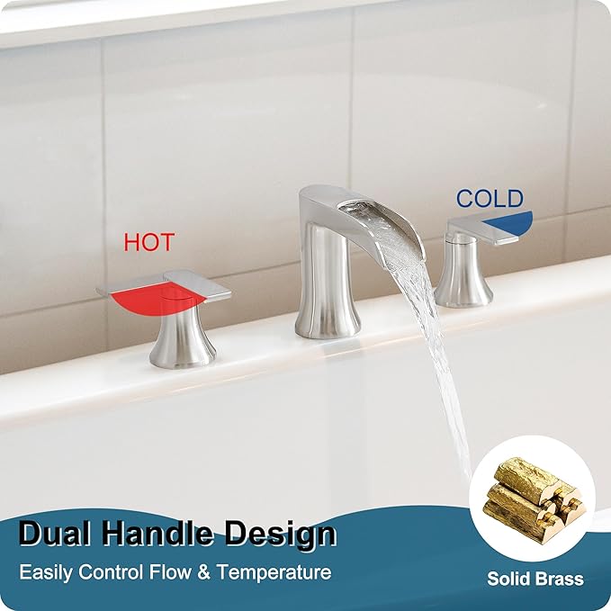 Brushed Nickel Tub Faucet Set 3 Hole, Brass Deck Mount Waterfall Bathtub Faucet Set, High Flow Widespread 6-16 Inch Roman Tub Faucets 2 Handle
