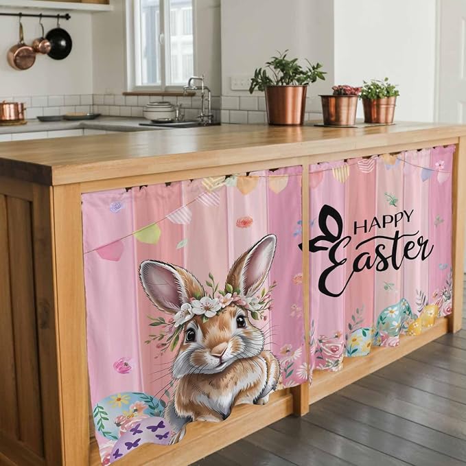 Easter Tier Curtains, Spring Rabbit Eggs Flowers Flags Leaves Wood Grain Light - Image 7