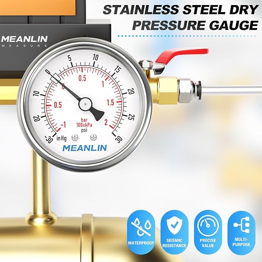 MEANLIN MEASURE -30inHG~30Psi Vacuum Gauge Stainless Steel 1/4" NPT 2" FACE - Image 7