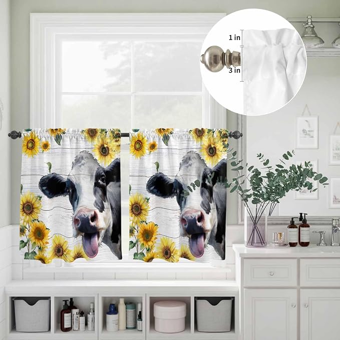 Kitchen Curtains Tiers and Valance Set of 3, Cow Sunflowers Light Filtering - Image 8