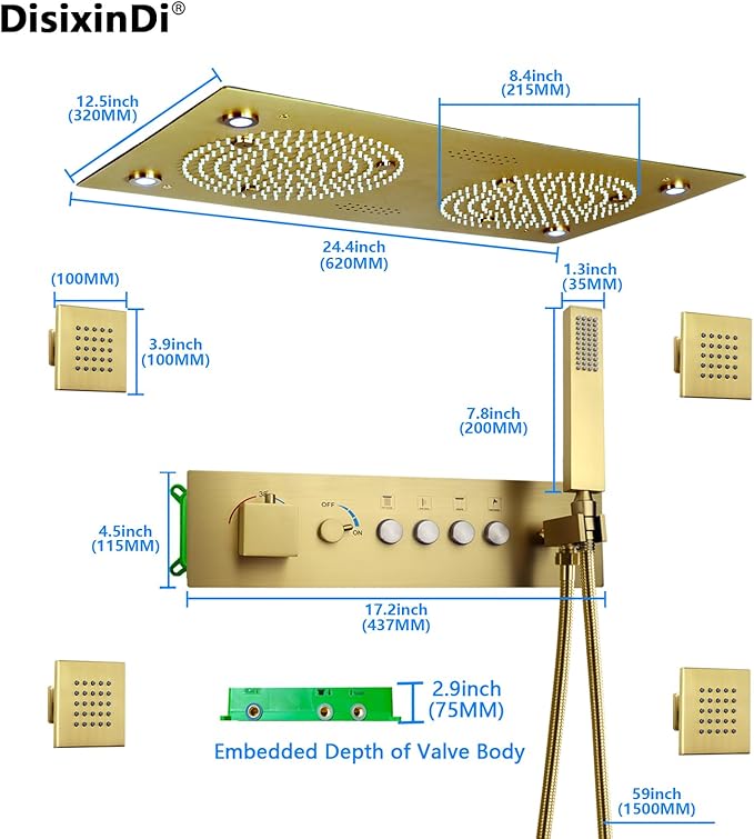 Brushed Gold Thermostatic Rain LED Shower System With Spa Body Jets, 12.5X24.5 Inch Large Horizontal Rectangle Ceiling Shower Head, Double Bath Shower Set Flow Can Be Controlled