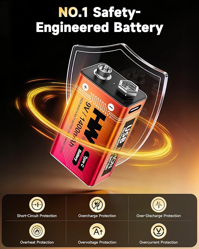 HW 9 Volt Rechargeable Batteries 12 Pack, 1400mAh 9V Lithium Battery - Image 3